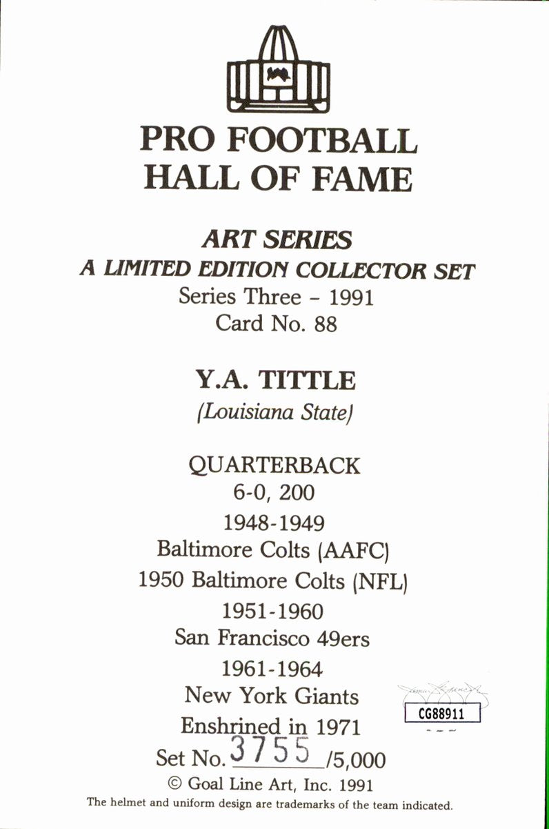 Y.A. Tittle Giants HOF Autographed Goal Line Art GLAC Postcard JSA