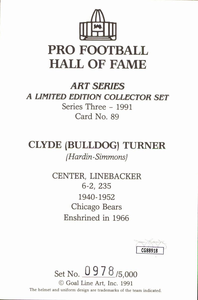 Clyde Bulldog Turner Bears HOF Autographed Goal Line Art GLAC Postcard JSA