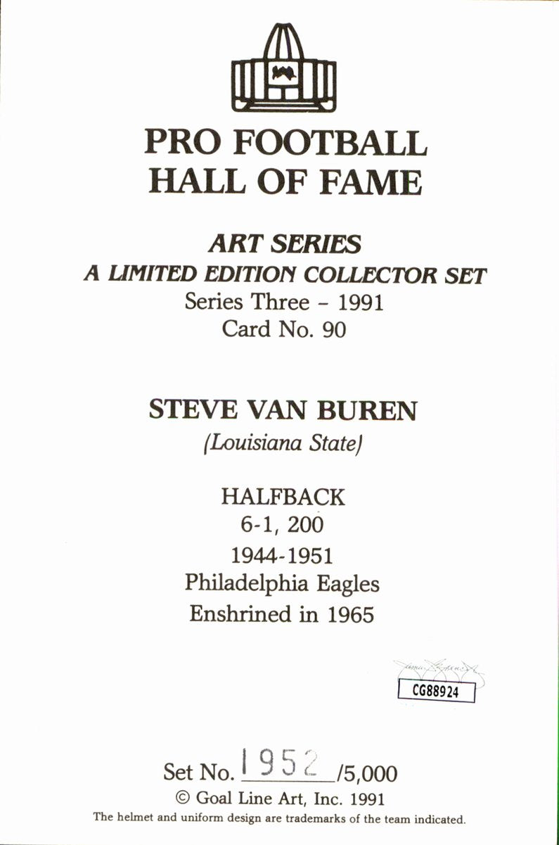 Steve Van Buren Eagles HOF Autographed Goal Line Art GLAC Postcard JSA