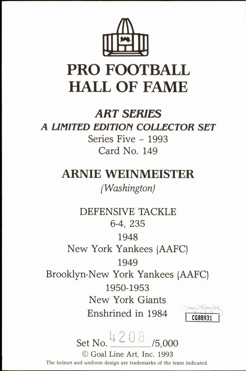 Arnie Weinmeister Giants HOF Autographed Goal Line Art GLAC Postcard JSA