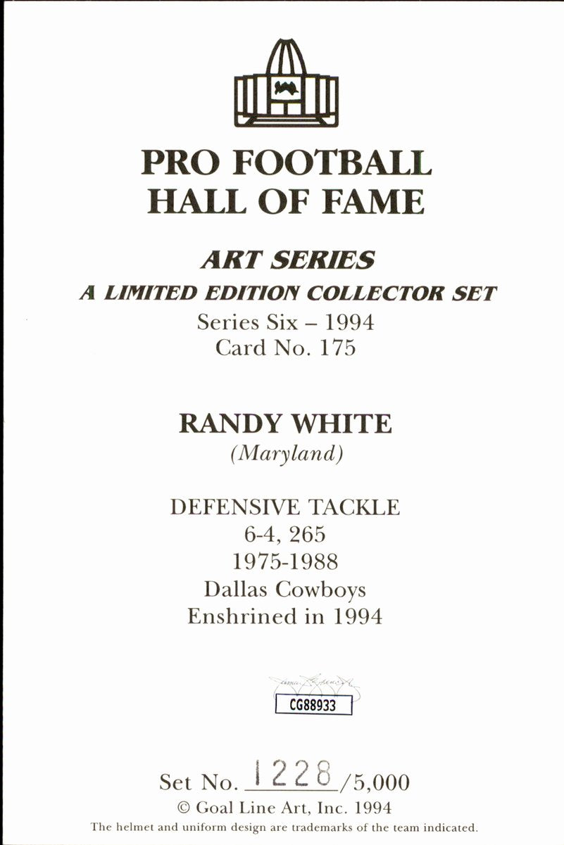 Randy White Cowboys HOF Autographed Goal Line Art GLAC Postcard JSA