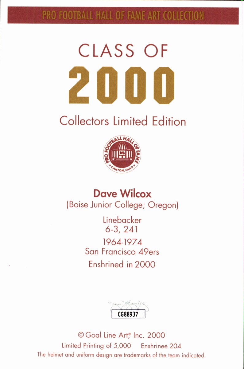 Dave Wilcox 49ers HOF Autographed Goal Line Art GLAC Postcard JSA