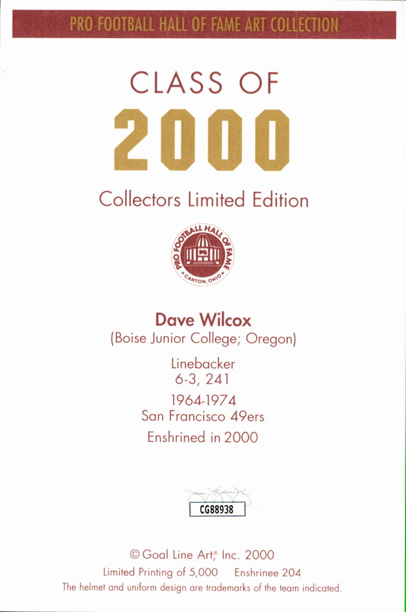 Dave Wilcox 49ers HOF Autographed Goal Line Art GLAC Postcard JSA