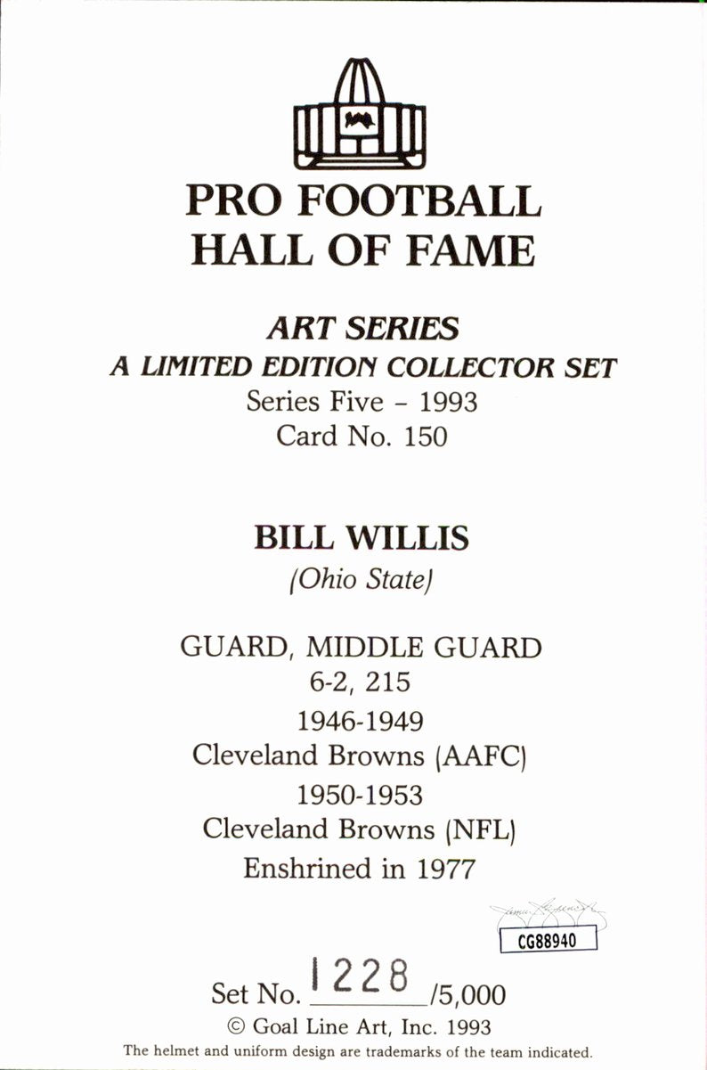Bill Willis Browns HOF Autographed Goal Line Art GLAC Postcard JSA