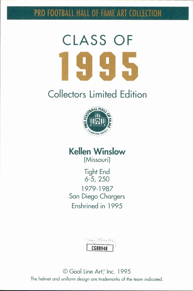 Kellen Winslow Chargers HOF Autographed Goal Line Art GLAC Postcard JSA