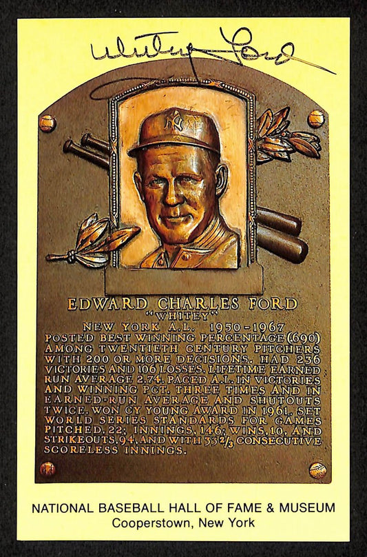 Whitey Ford Signed/Auto Gold HOF Plaque Postcard New York Yankees 199317