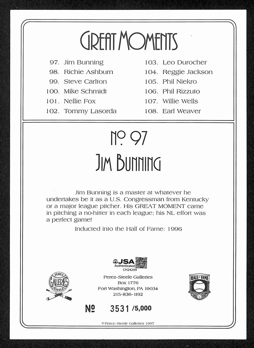 Jim Bunning Signed 1997 Perez Steele Great Moments No. 97 Phillies JSA 199326