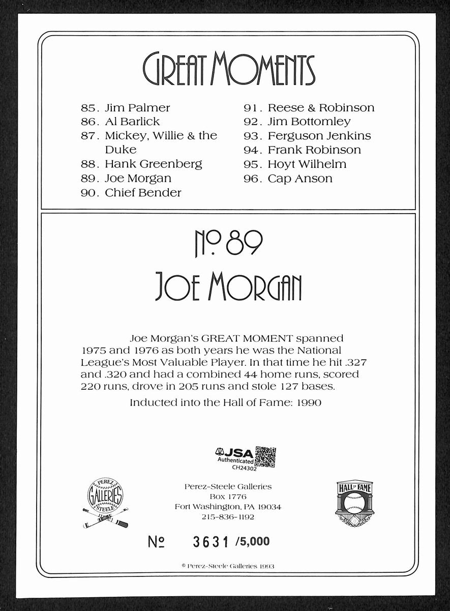 Joe Morgan Signed/Auto 1993 Perez Steele Great Moments No. 89 Reds JSA 199329