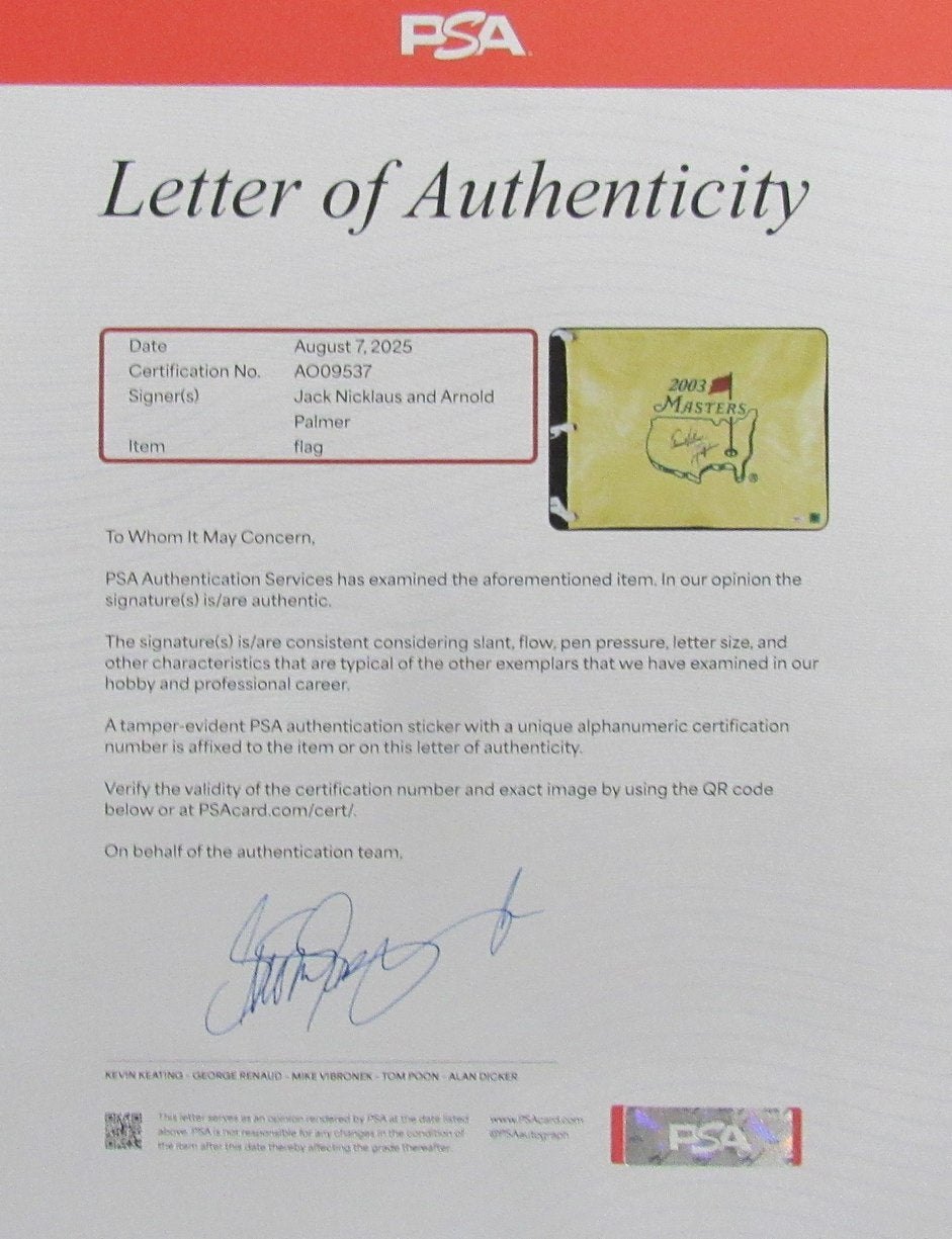 Arnold Palmer/Jack Nicklaus Dual-Signed/Auto 2003 Masters Pin Flag JSA 199549
