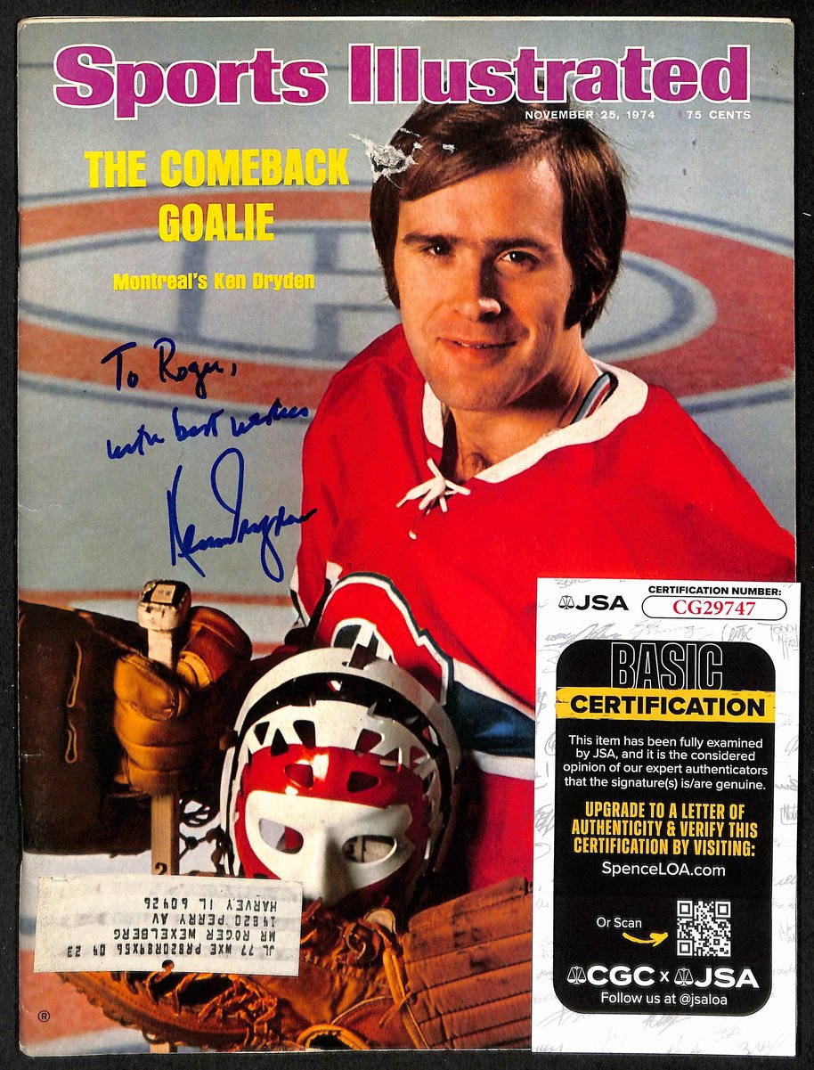 Ken Dryden Signed/Inscribed 11/25/1974 Sports Illustrated Magazine JSA 198014