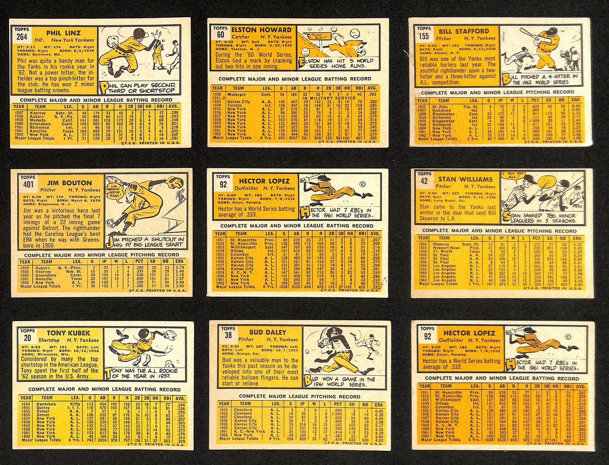 Lot of (9) Miscellaneous UNSIGNED 1963 TOPPS New York Yankees Cards 199427