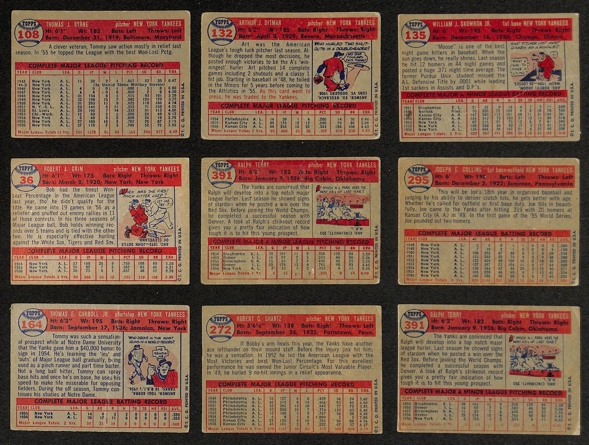 Lot of (9) Miscellaneous UNSIGNED 1957 TOPPS New York Yankees Cards 199432