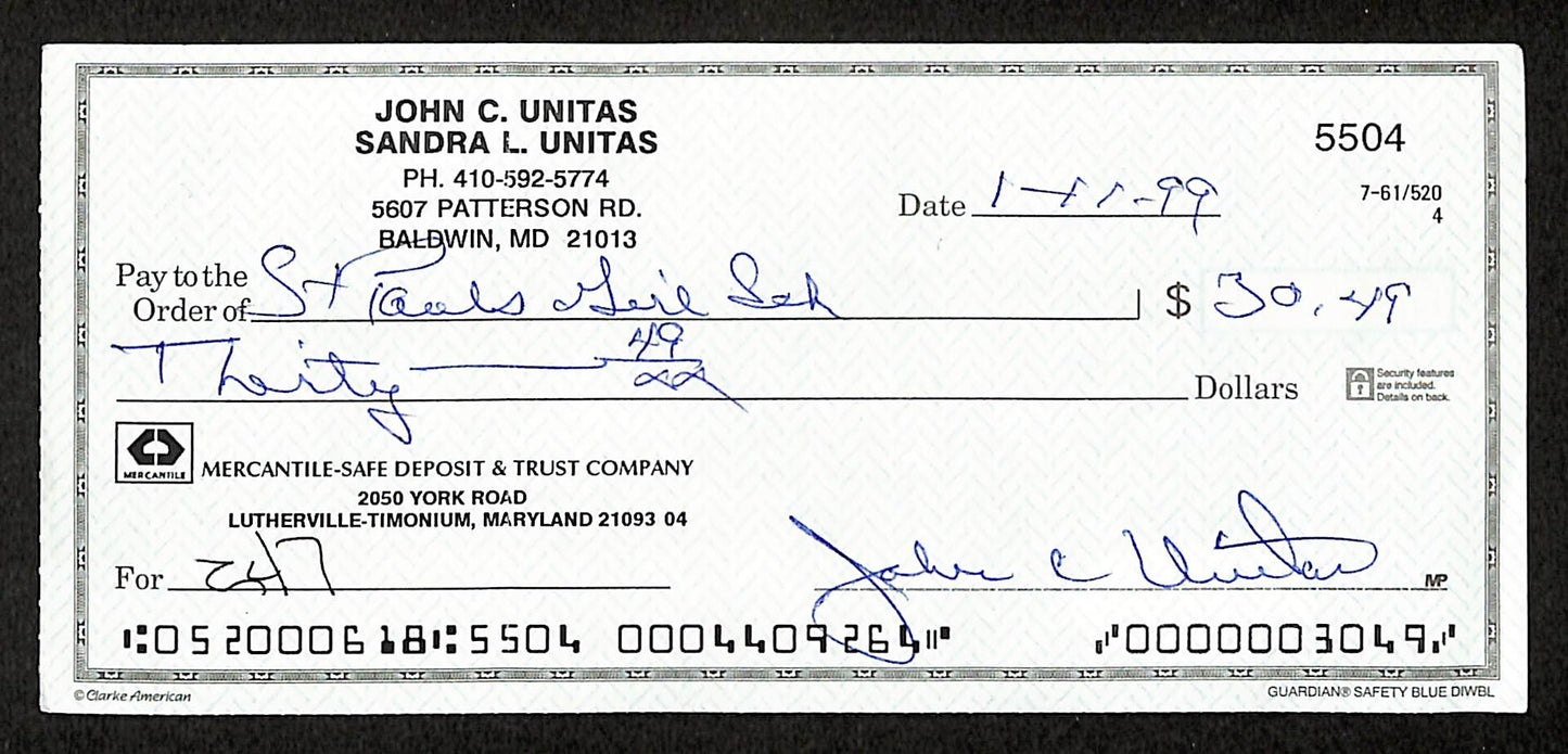 Johnny Unitas HOF Signed/Autographed 1999 Bank Check Baltimore Colts JSA 199035