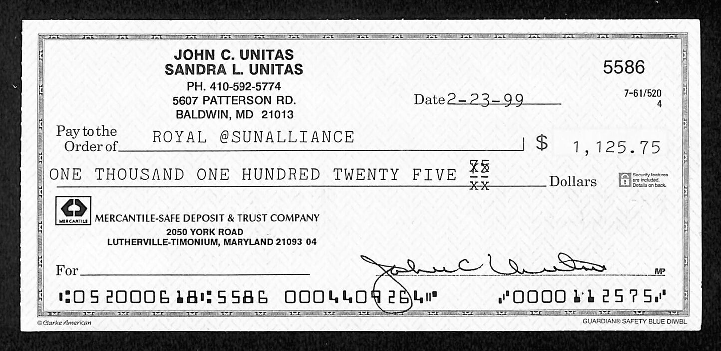 Johnny Unitas HOF Signed/Autographed 1999 Bank Check Baltimore Colts JSA 199037