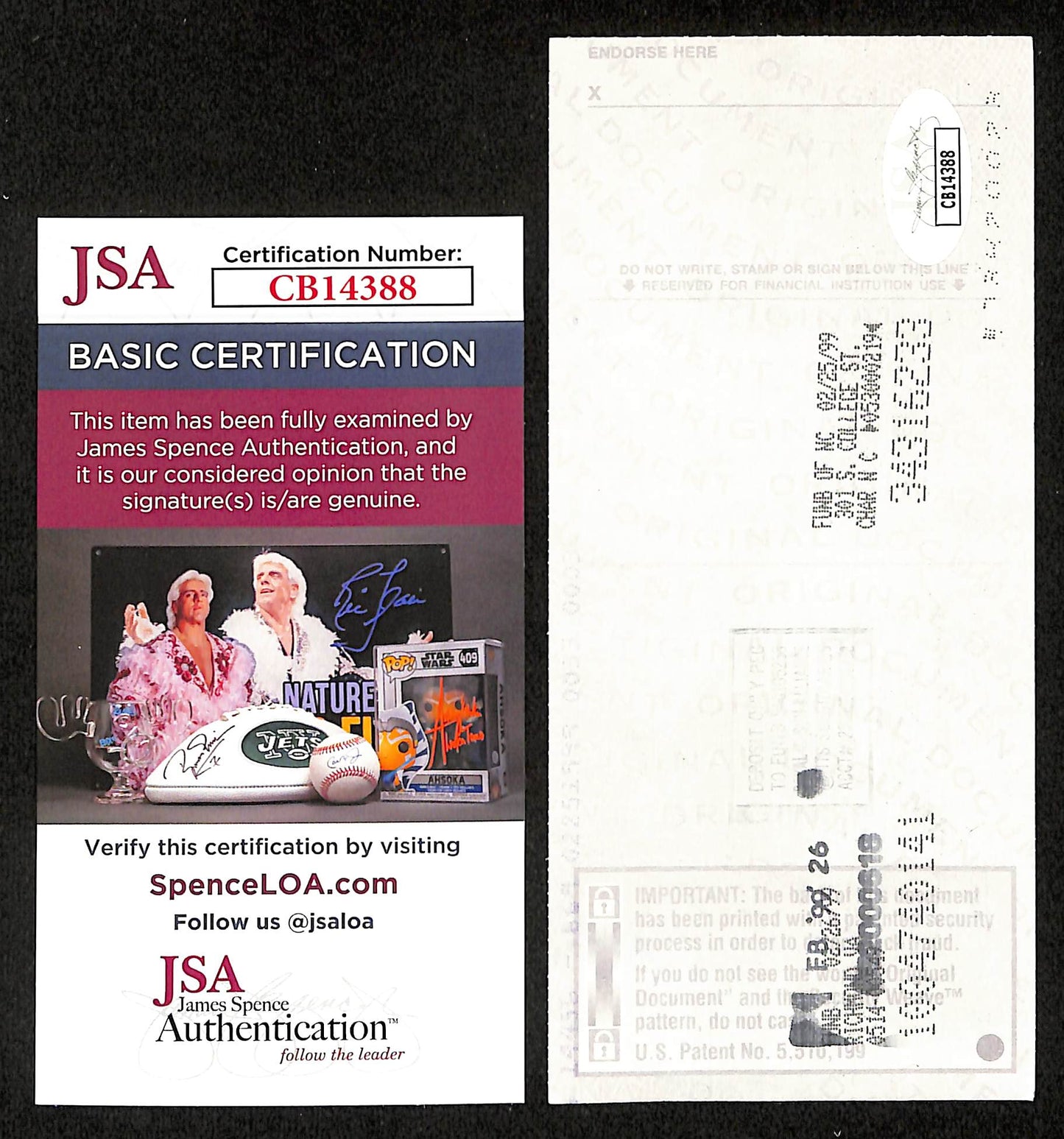 Johnny Unitas HOF Signed/Autographed 1999 Bank Check Baltimore Colts JSA 199037