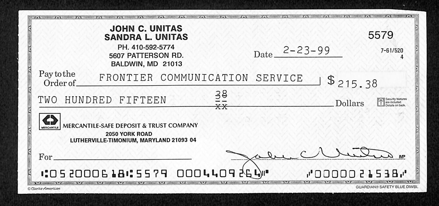 Johnny Unitas HOF Signed/Autographed 1999 Bank Check Baltimore Colts JSA 199038