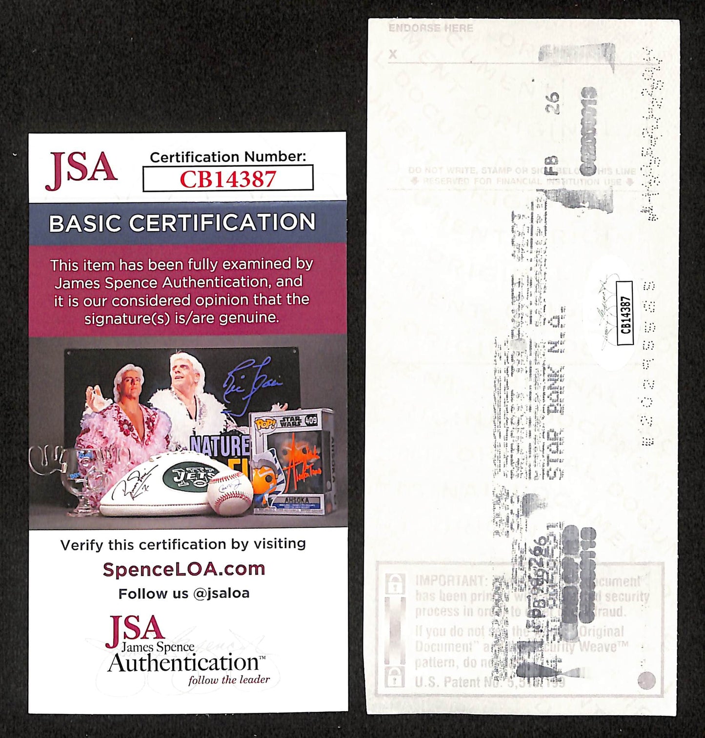 Johnny Unitas HOF Signed/Autographed 1999 Bank Check Baltimore Colts JSA 199038