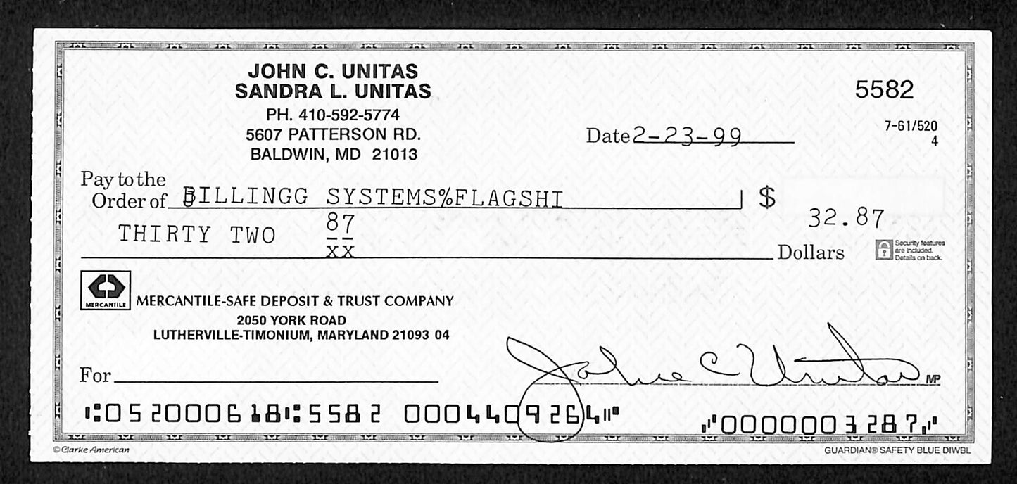 Johnny Unitas HOF Signed/Autographed 1999 Bank Check Baltimore Colts JSA 199039