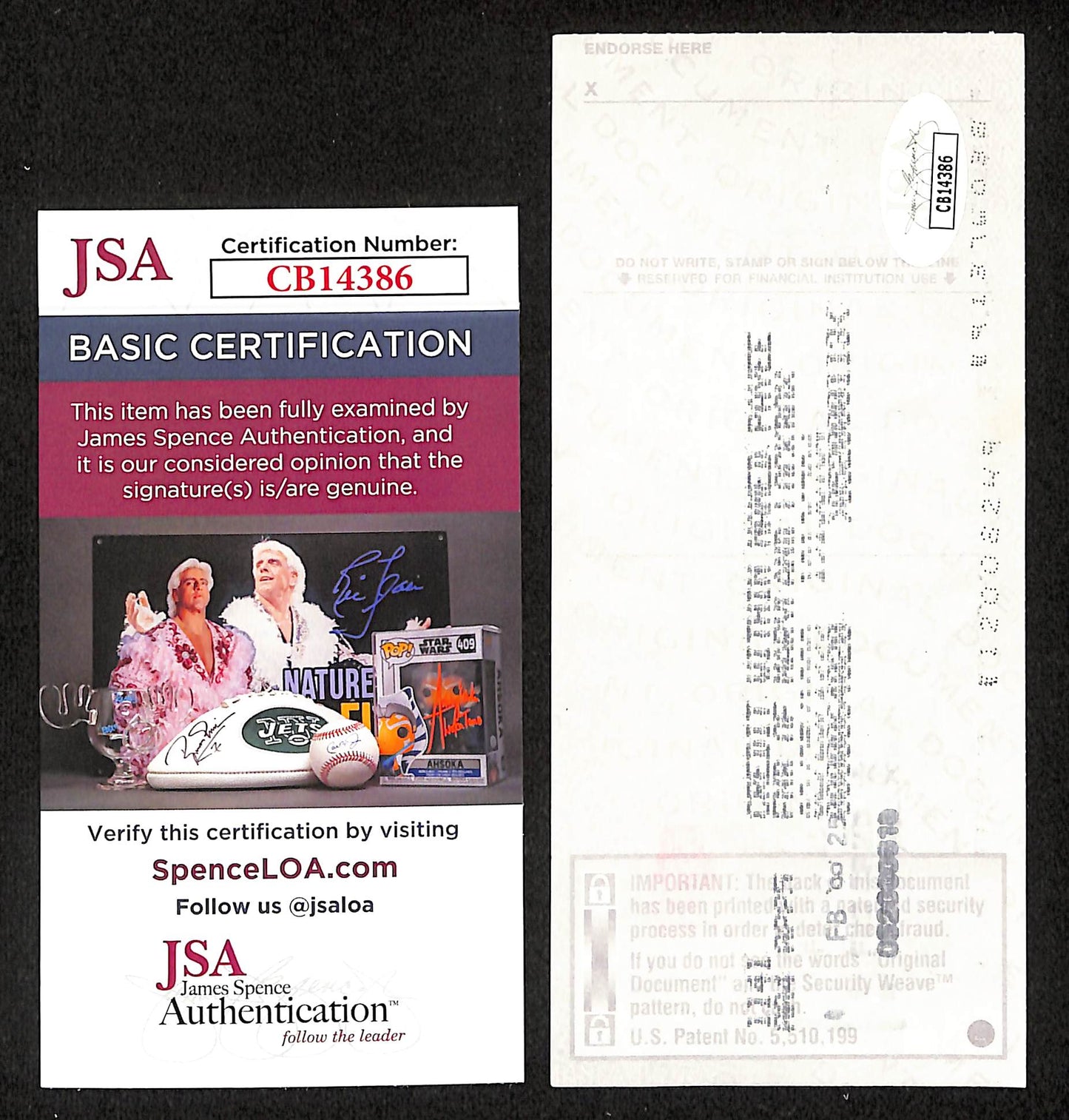 Johnny Unitas HOF Signed/Autographed 1999 Bank Check Baltimore Colts JSA 199039