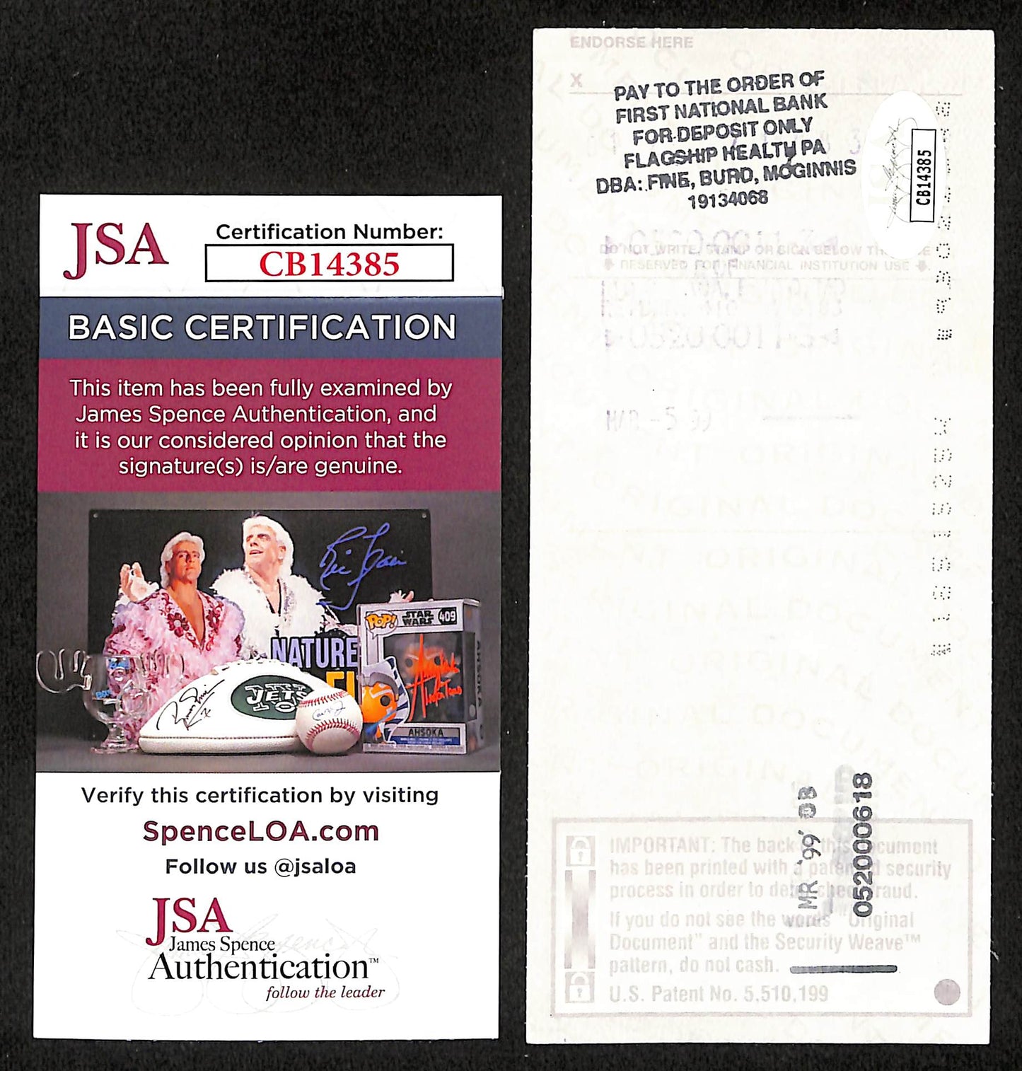 Johnny Unitas HOF Signed/Autographed 1999 Bank Check Baltimore Colts JSA 199040