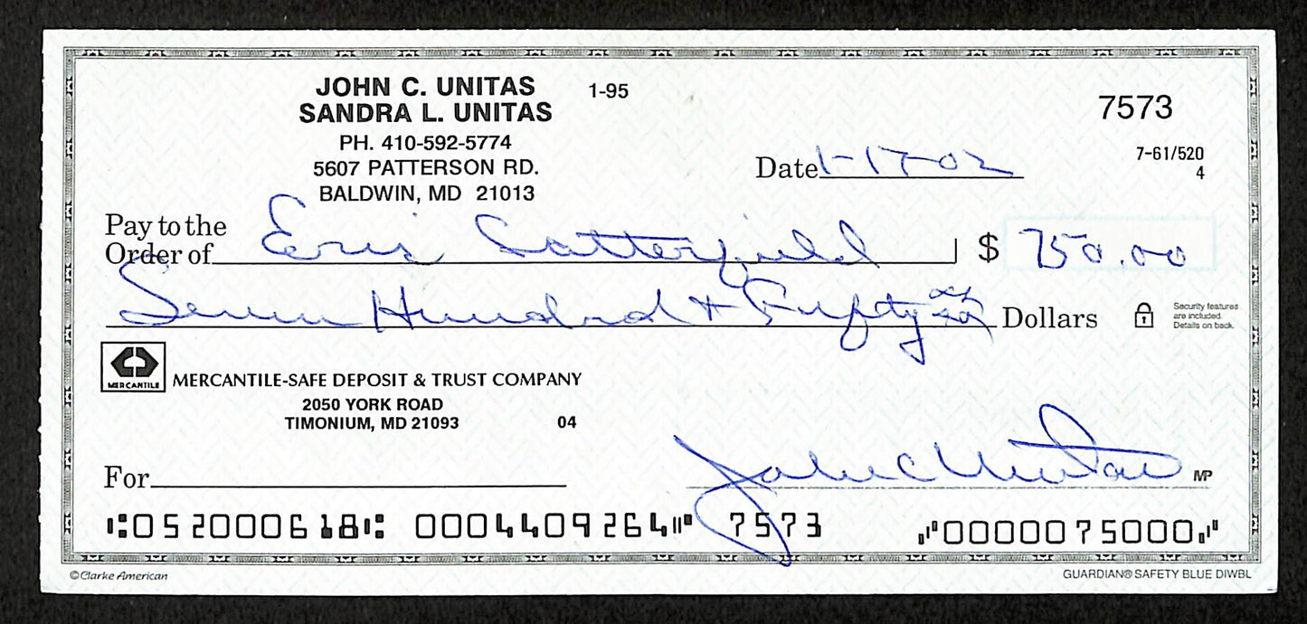 Johnny Unitas HOF Signed/Autographed 2002 Bank Check Baltimore Colts JSA 199041