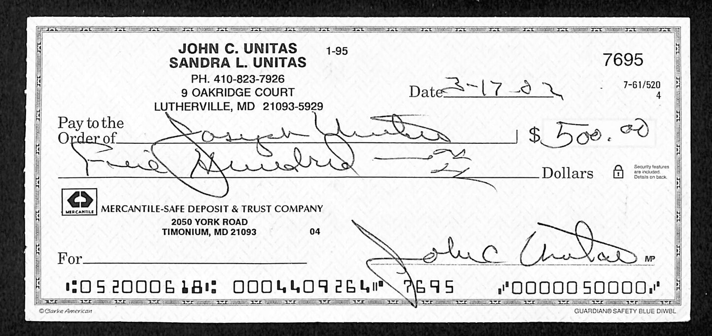 Johnny Unitas HOF Signed/Autographed 2002 Bank Check Baltimore Colts JSA 199042