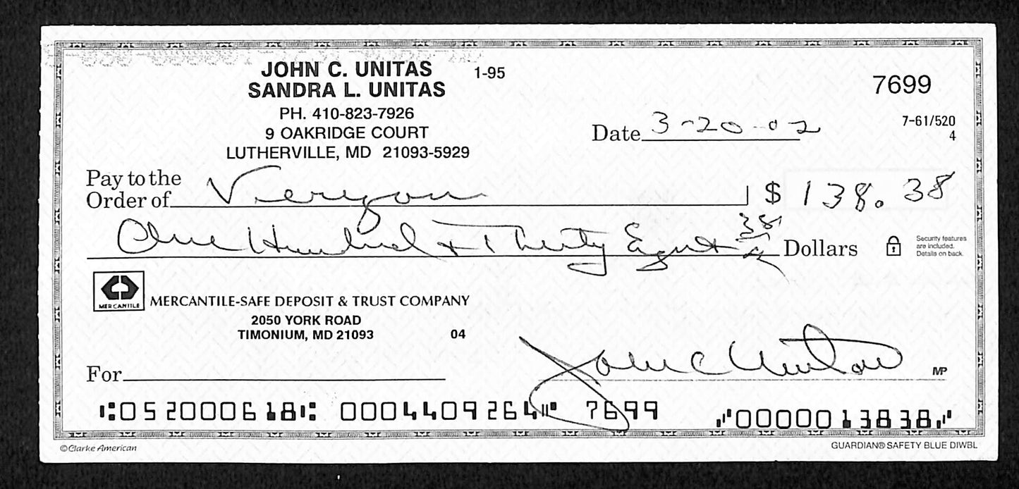 Johnny Unitas HOF Signed/Autographed 2002 Bank Check Baltimore Colts JSA 199043