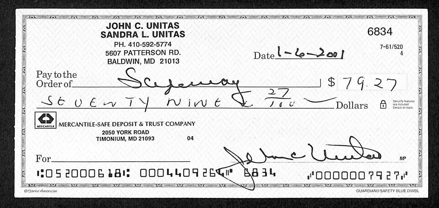 Johnny Unitas HOF Signed/Autographed 2001 Bank Check Baltimore Colts JSA 199044