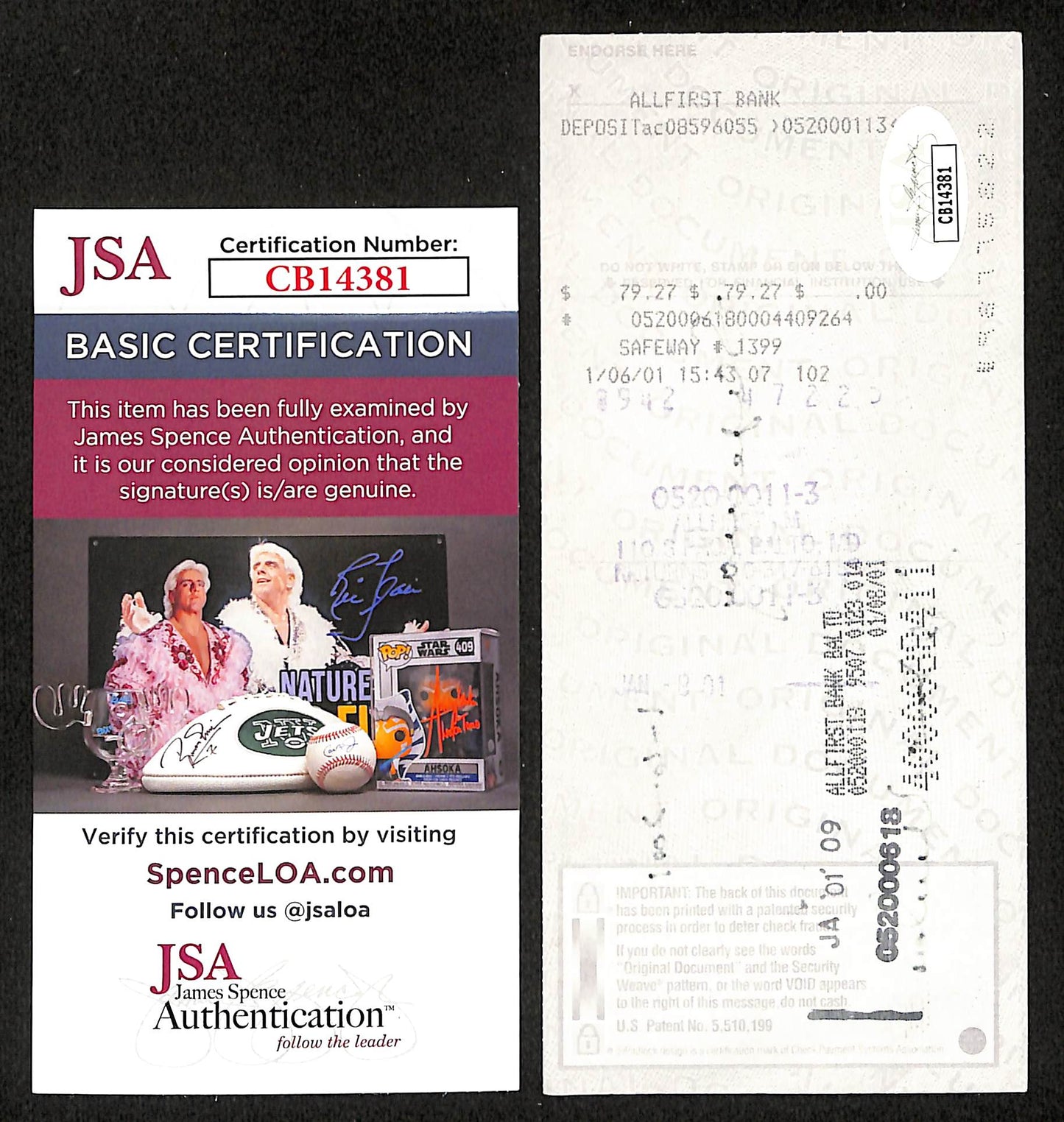 Johnny Unitas HOF Signed/Autographed 2001 Bank Check Baltimore Colts JSA 199044