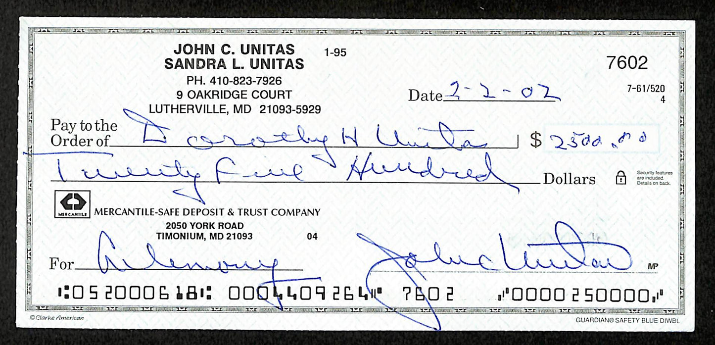 Johnny Unitas HOF Signed/Autographed 2002 Bank Check Baltimore Colts JSA 199045