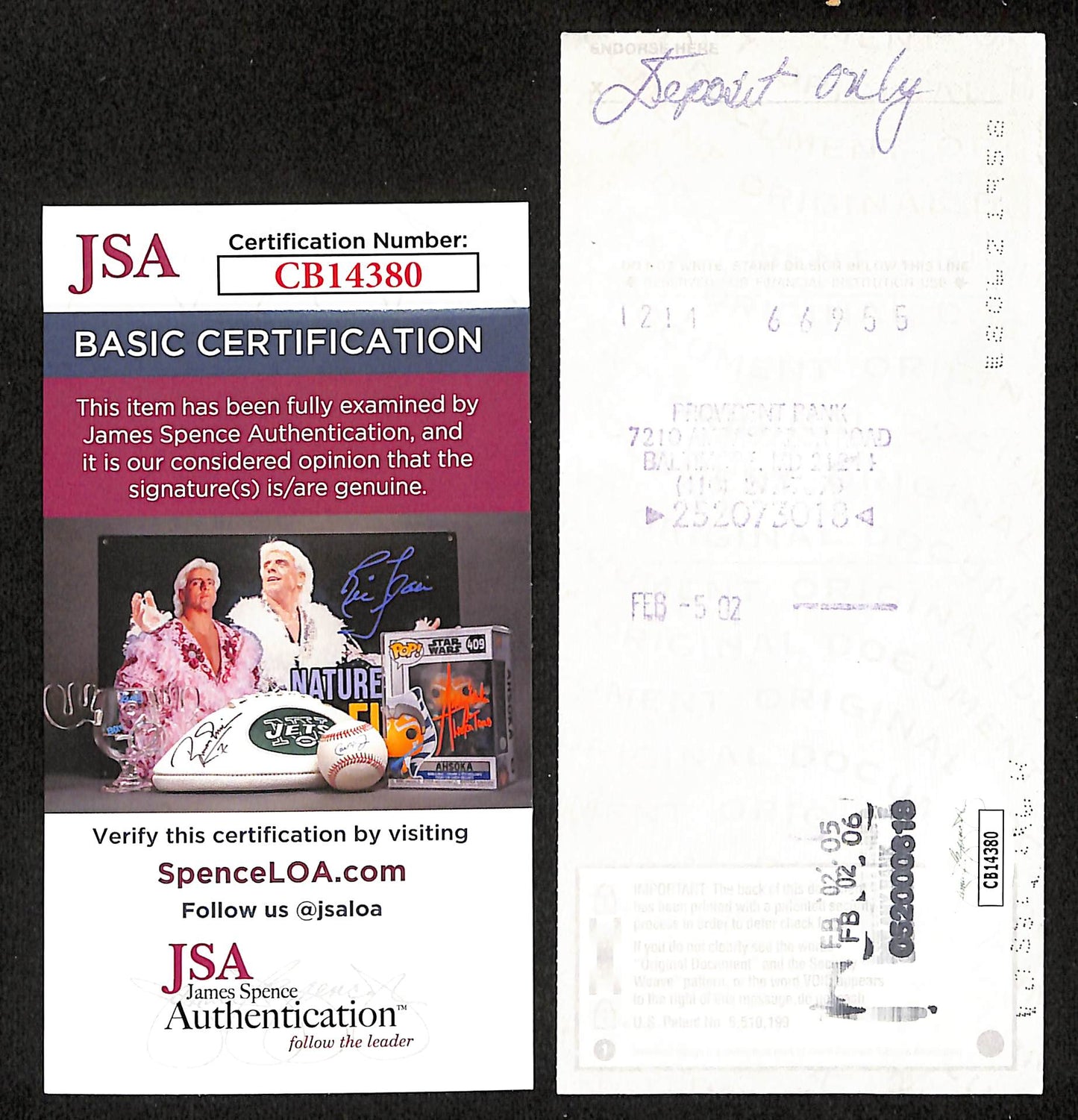 Johnny Unitas HOF Signed/Autographed 2002 Bank Check Baltimore Colts JSA 199045