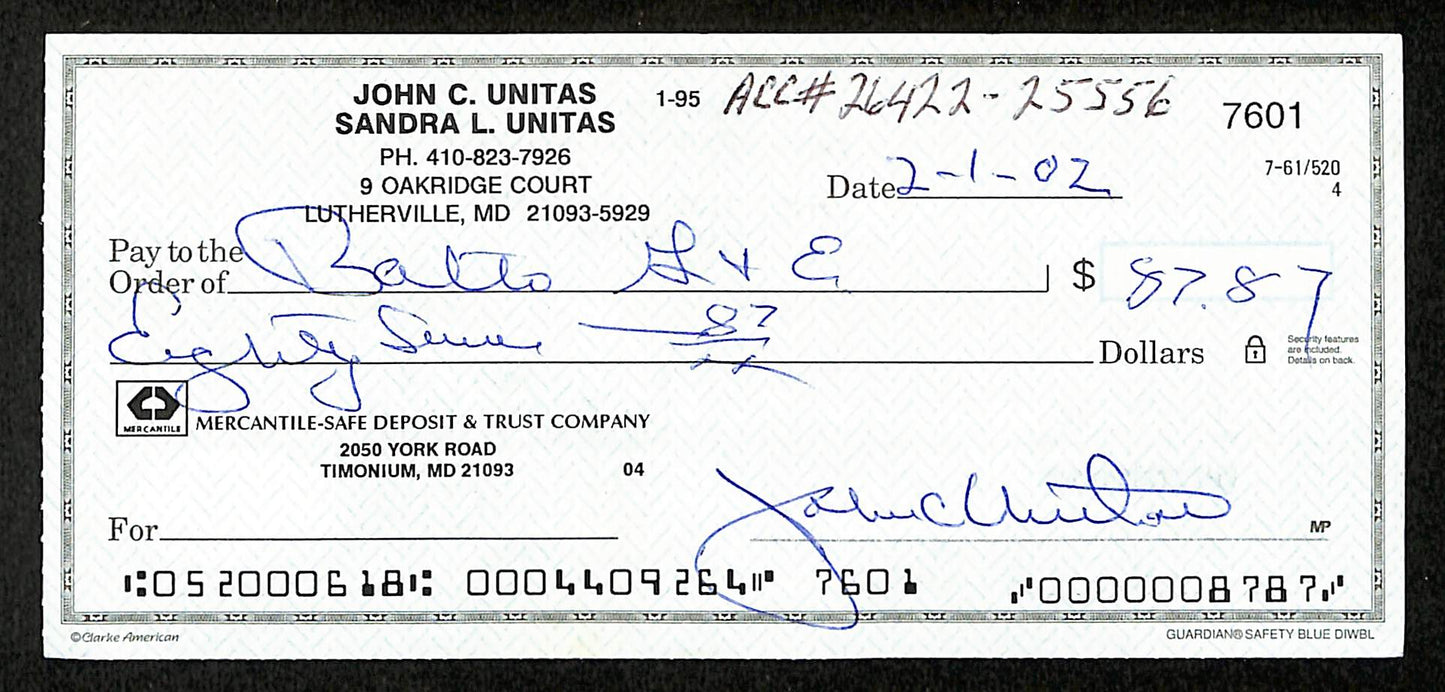 Johnny Unitas HOF Signed/Autographed 2002 Bank Check Baltimore Colts JSA 199046