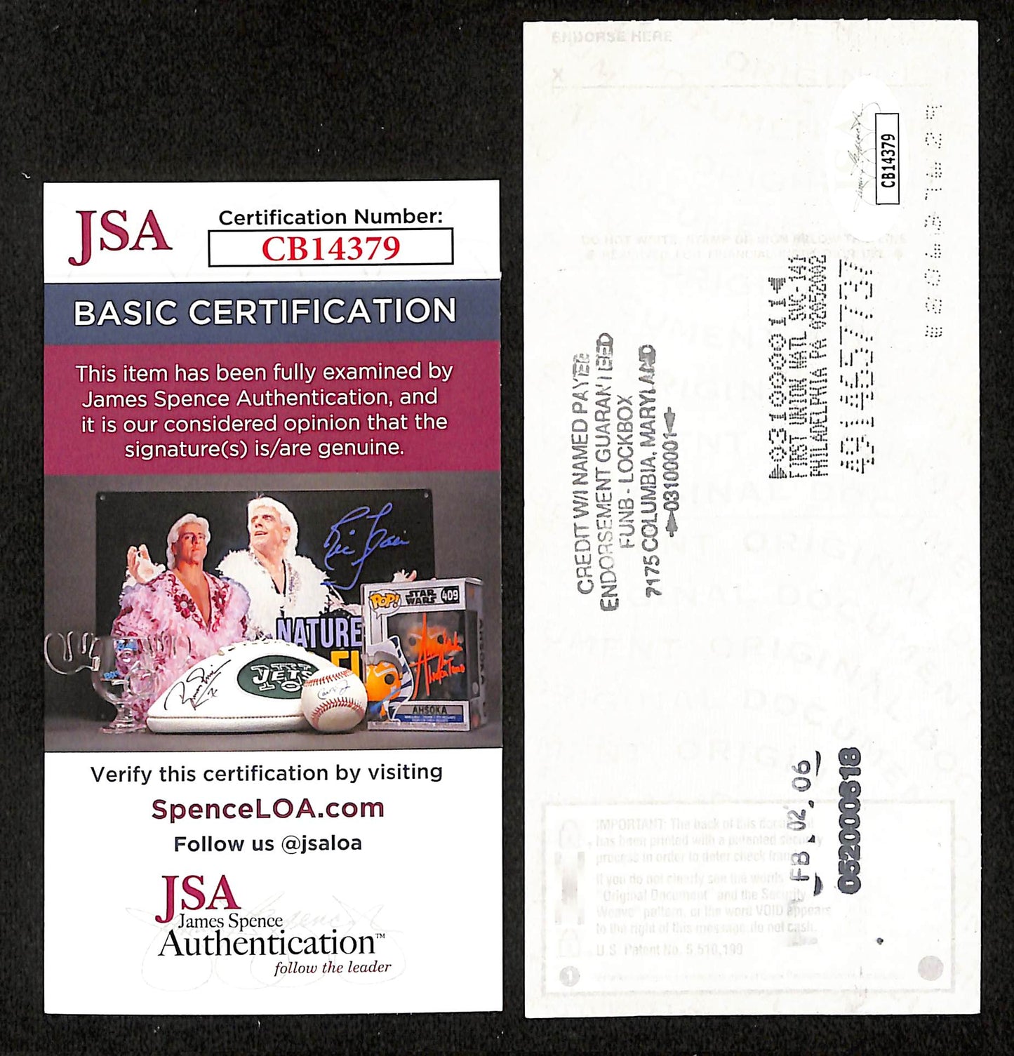 Johnny Unitas HOF Signed/Autographed 2002 Bank Check Baltimore Colts JSA 199046
