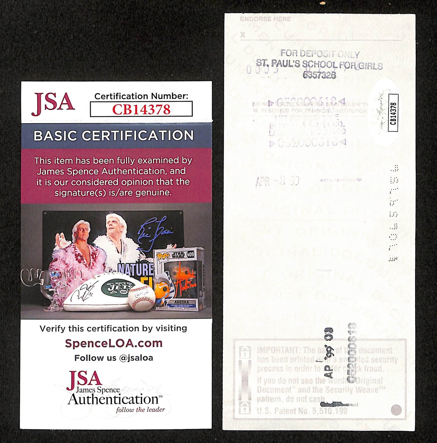 Johnny Unitas HOF Signed/Autographed 1999 Bank Check Baltimore Colts JSA 199047
