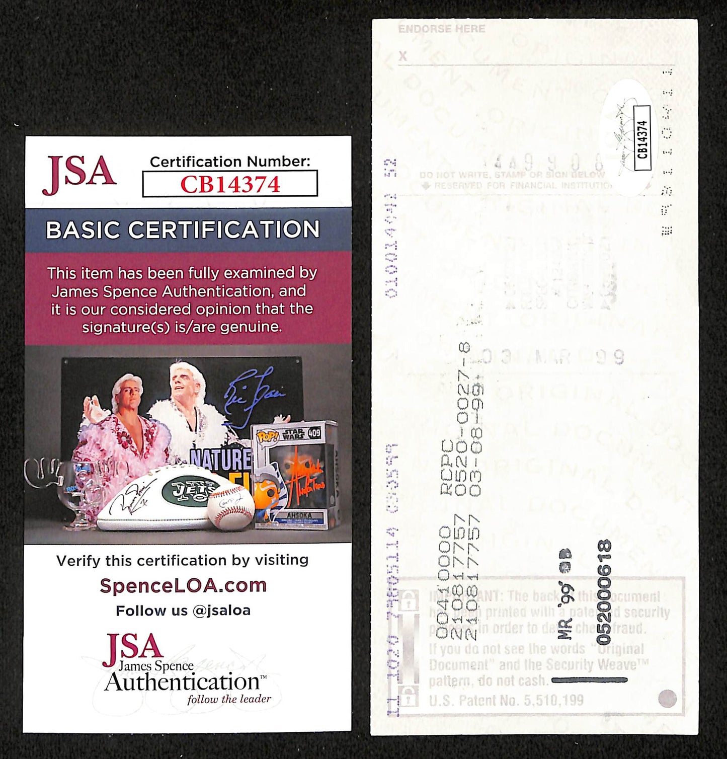 Johnny Unitas HOF Signed/Autographed 1999 Bank Check Baltimore Colts JSA 199050