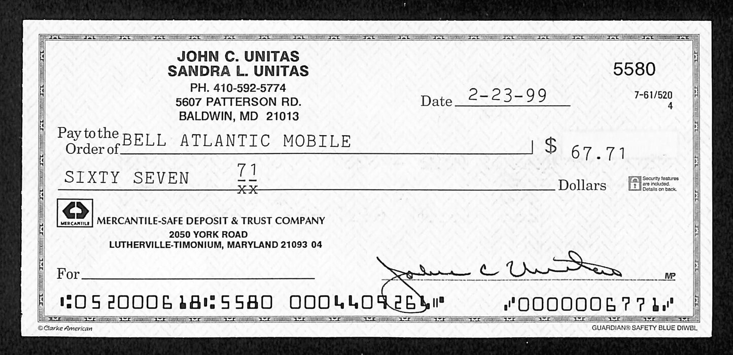 Johnny Unitas HOF Signed/Autographed 1999 Bank Check Baltimore Colts JSA 199051