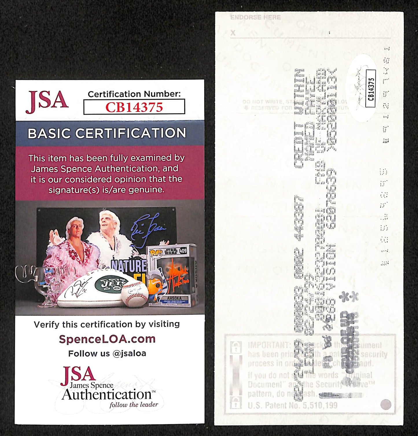 Johnny Unitas HOF Signed/Autographed 1999 Bank Check Baltimore Colts JSA 199051