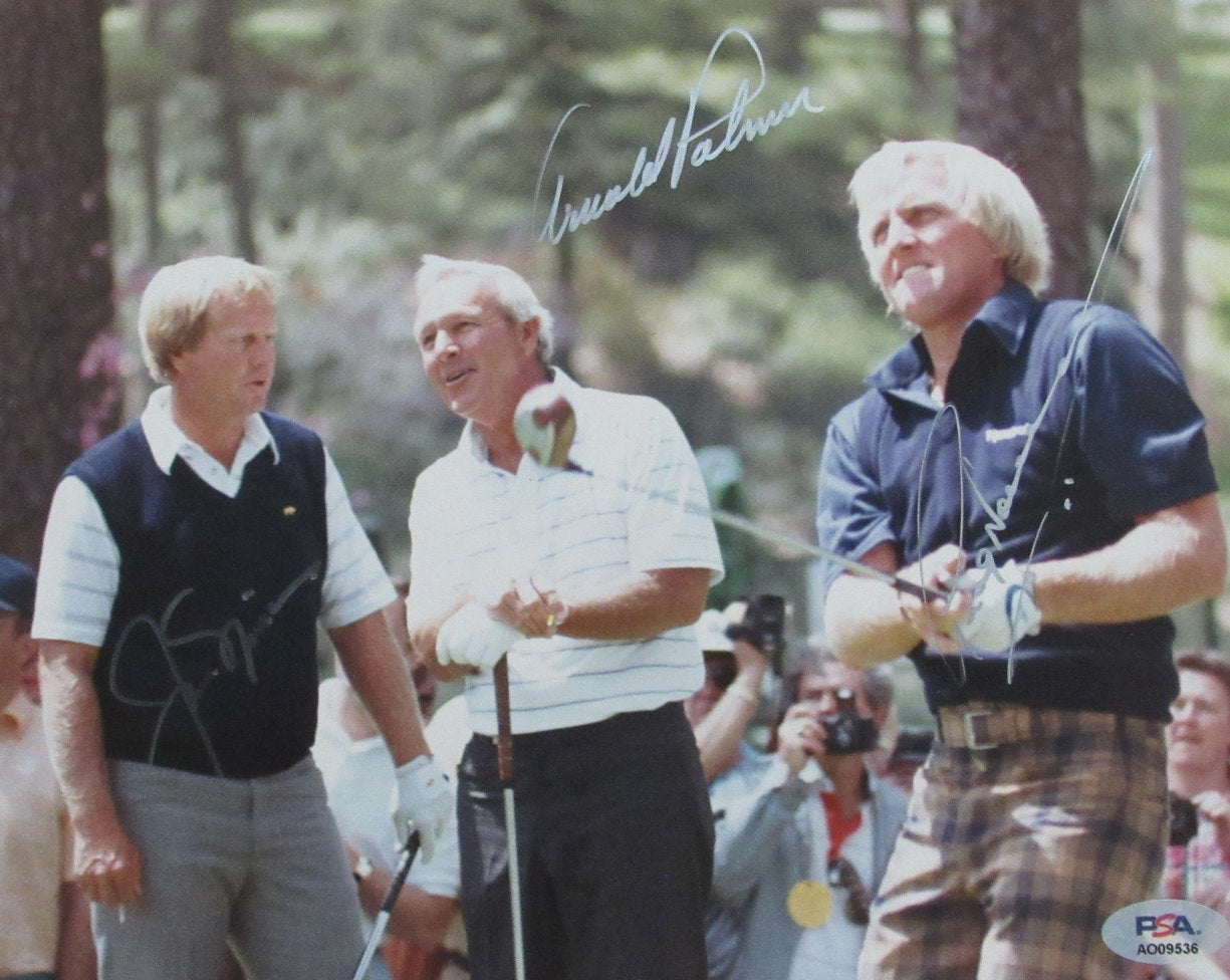 Jack Nicklaus/Arnold Palmer/Greg Norman Multi-Signed/Auto 8x10 Photo PSA 199551