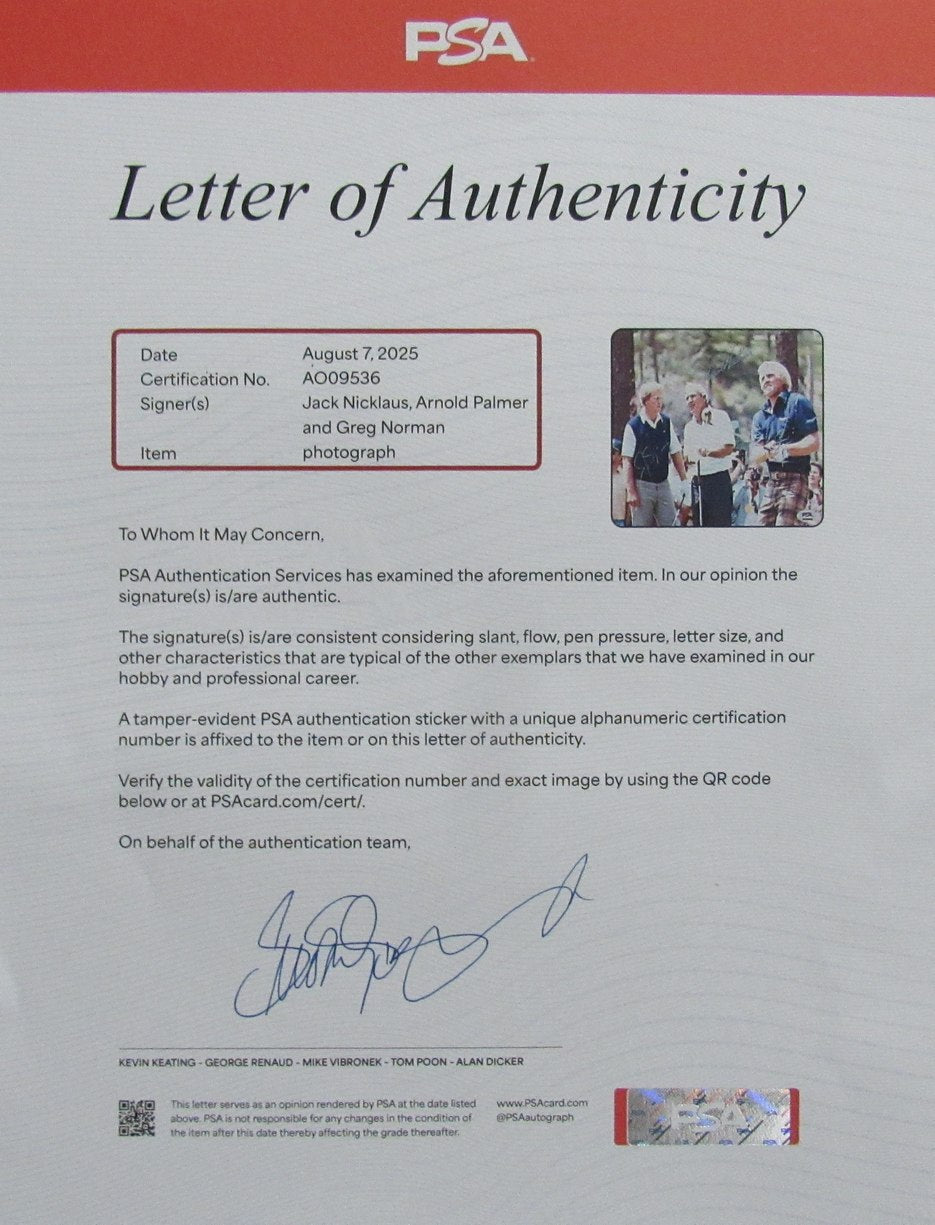 Jack Nicklaus/Arnold Palmer/Greg Norman Multi-Signed/Auto 8x10 Photo PSA 199551