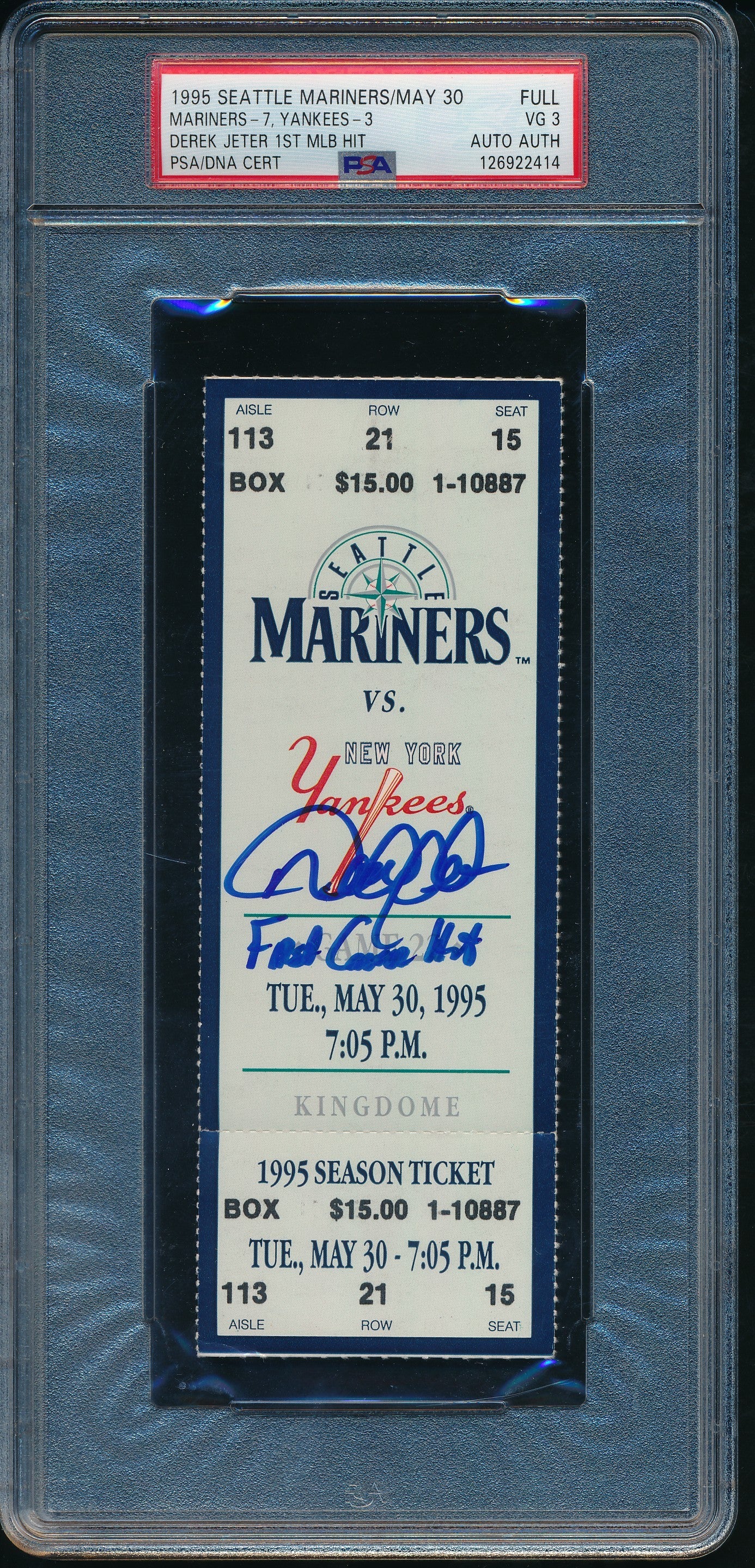 DEREK JETER HOF Signed/Auto 1ST Career Hit Full Ticket 5/30/1995 Yankees PSA/DNA