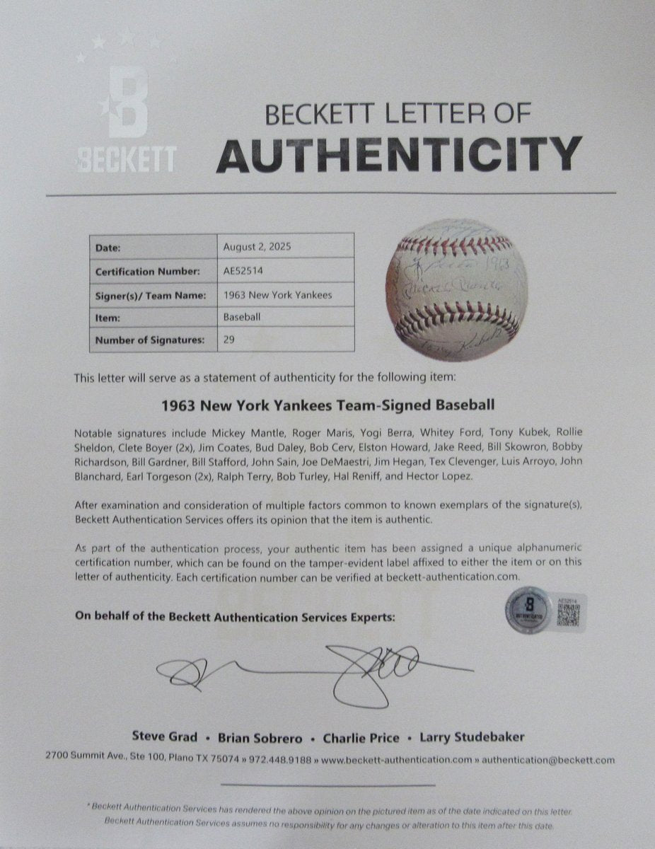 1963 AL Champs NY Yankees Team Signed (29) Reach Baseball Mantle Beckett 198606