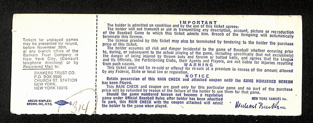 Johnny Mize/Bill Dickey Dual-Signed 1972 Phantom ALCS Full Ticket Yankees 194148