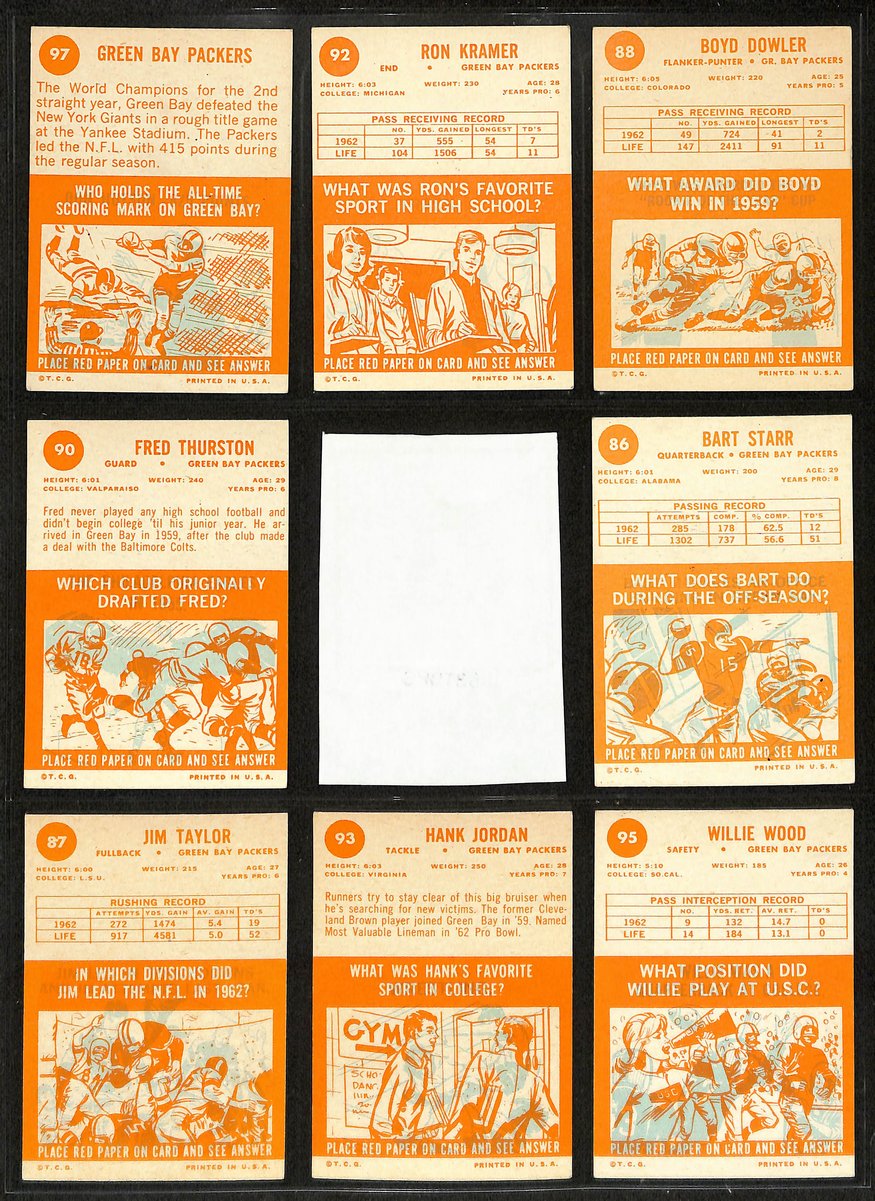 1963 TOPPS Football Cards Green Bay Packers Partial Team Set (11/12) 200315