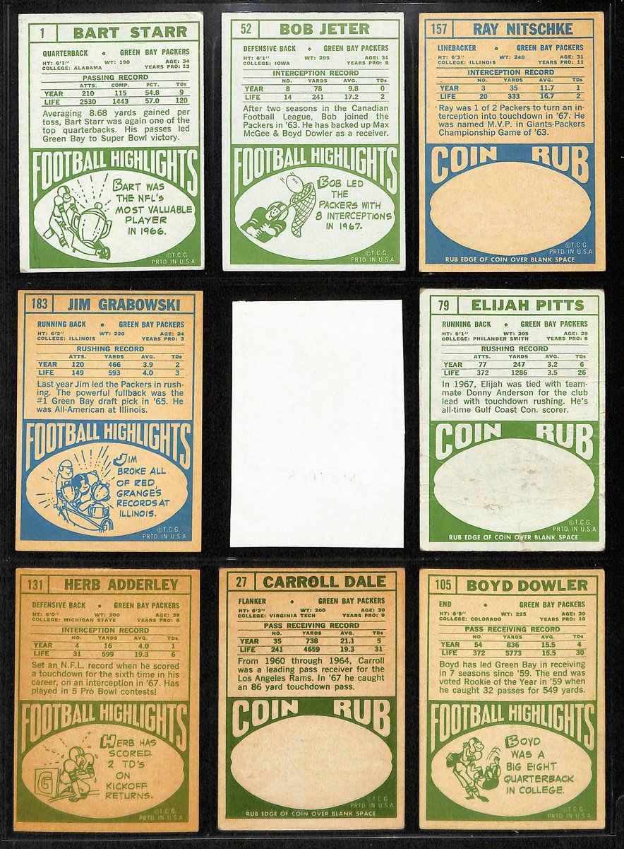 1968 TOPPS Football Cards Green Bay Packers Complete Team Set (9) 200320