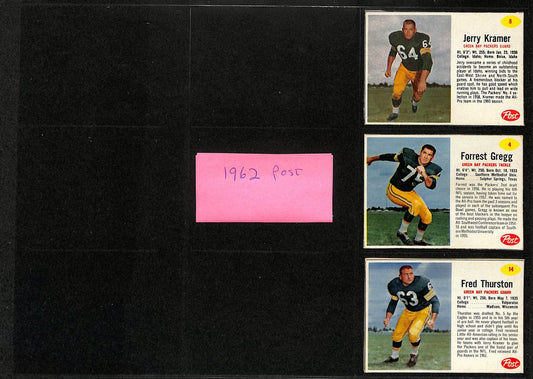 Lot of (3) 1962 Post Cereal Green Bay Packers Football Cards 200331