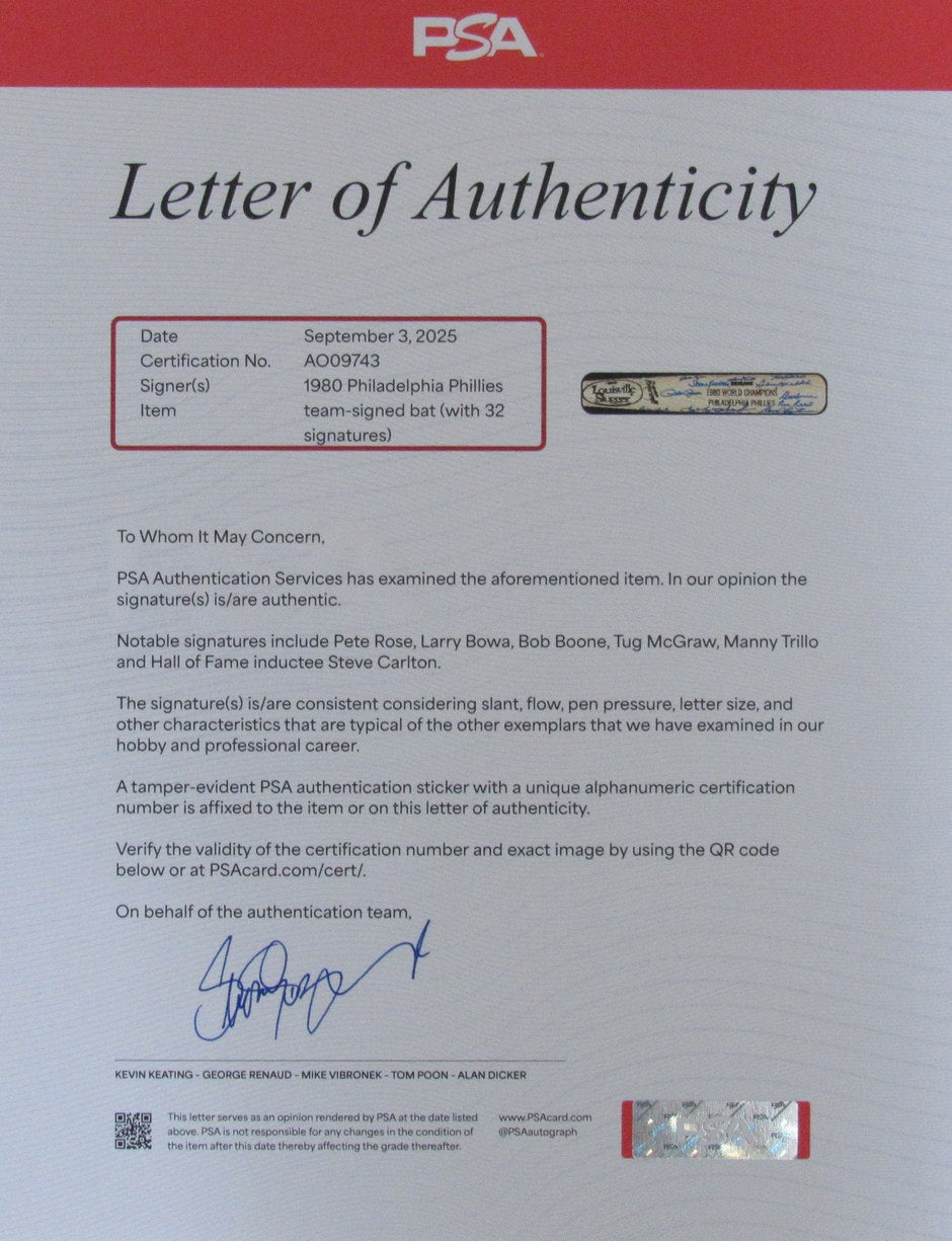 1980 World Series Champs Phillies Bat Signed by 32 Rose McGraw PSA/DNA 200765