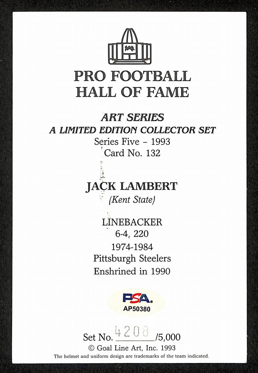 Jack Lambert Signed 1993 GLAC/Goal Line Art Postcard Steelers PSA/DNA 200350