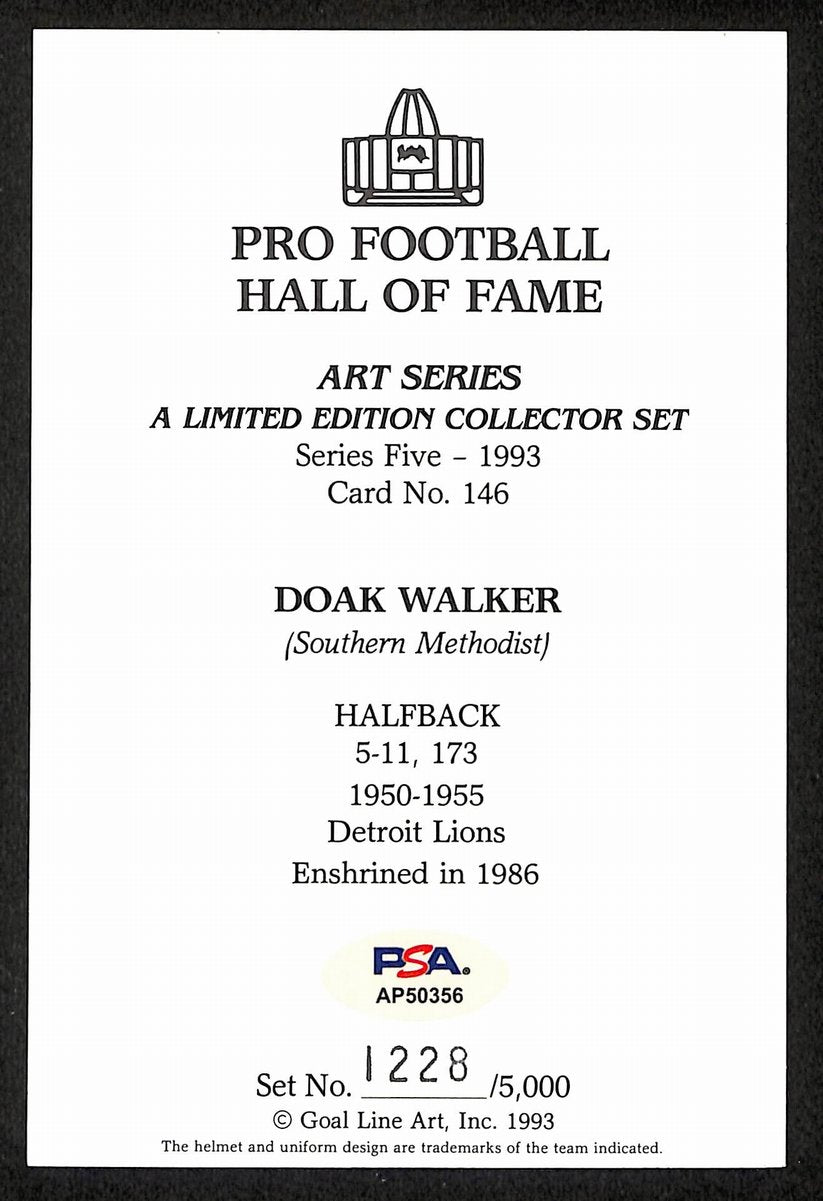 Doak Walker Signed/Auto 1993 GLAC/Goal Line Art Postcard Lions PSA/DNA 200359