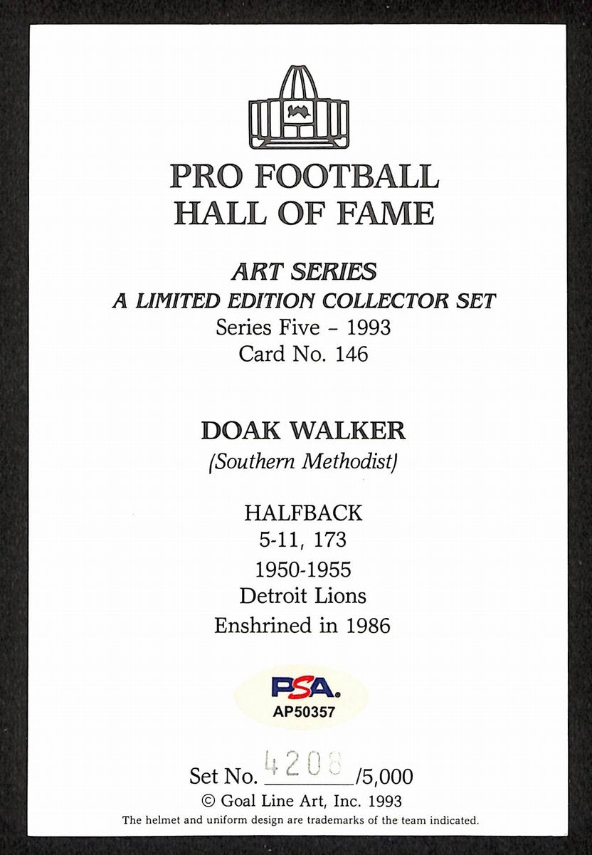 Doak Walker Signed/Auto 1993 GLAC/Goal Line Art Postcard Lions PSA/DNA 200360