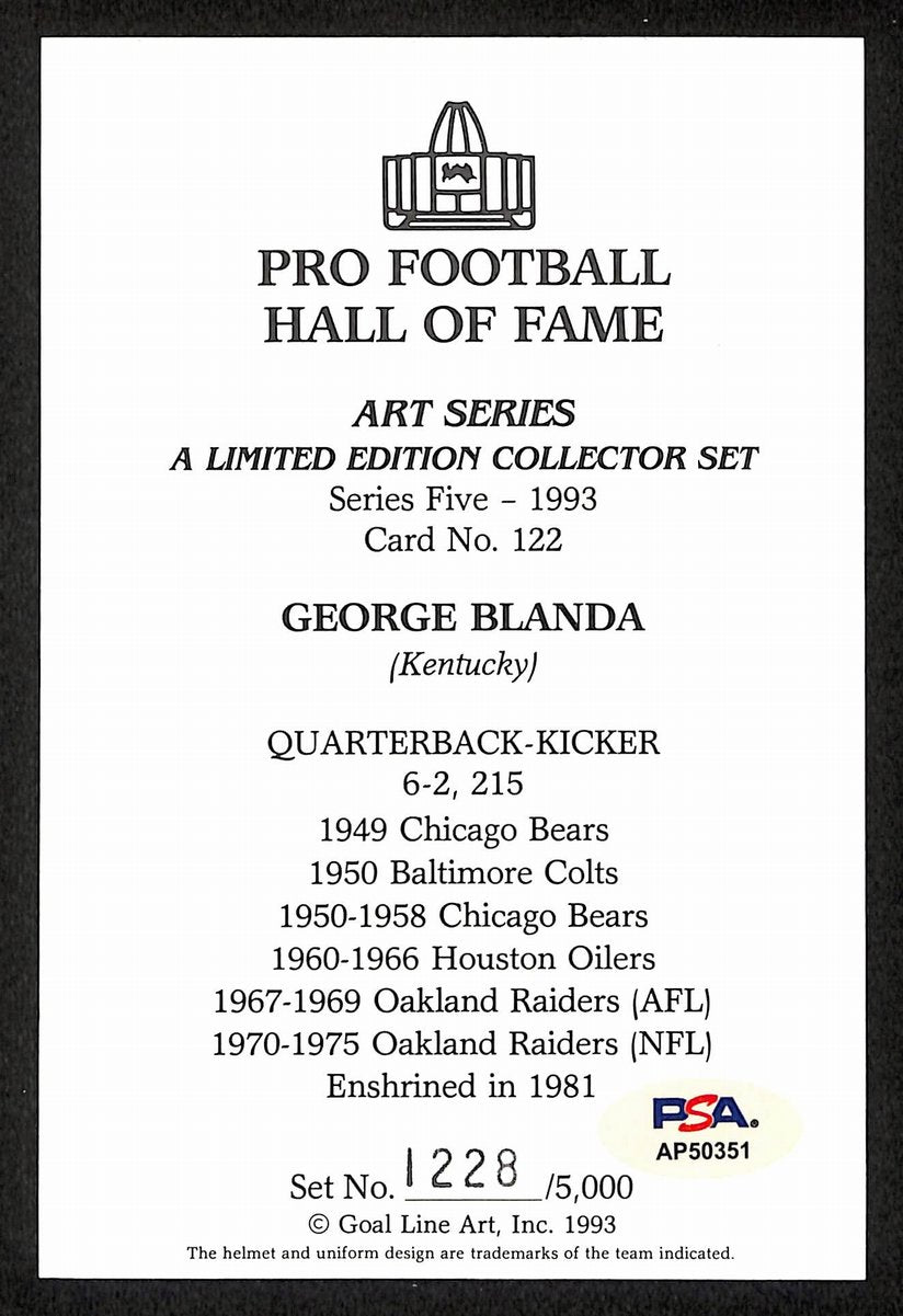 George Blanda Signed 1993 GLAC/Goal Line Art Postcard Raiders PSA/DNA 200383